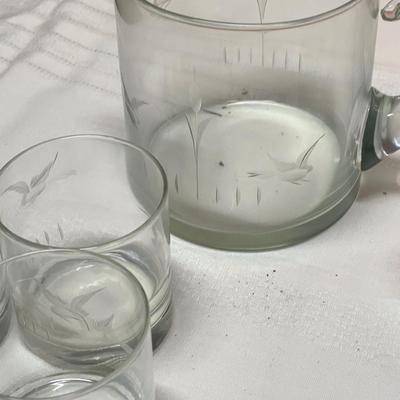 Vintage Etched Short Pitcher and Six Highball Glasses
