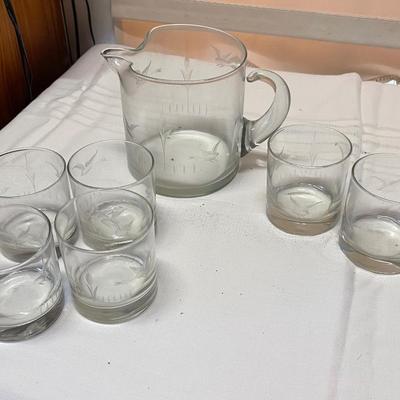 Vintage Etched Short Pitcher and Six Highball Glasses