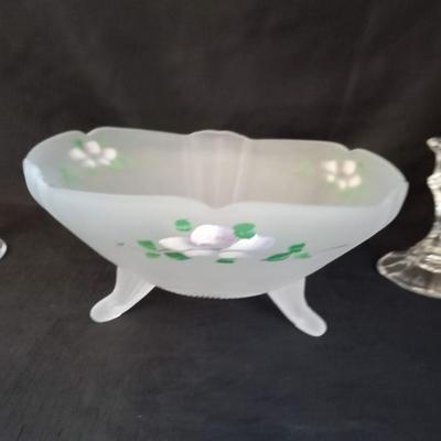 LOT 28  FENTON FOOTED HAND PAINTED BOWL AND CRYSTAL CANDLE HOLDERS