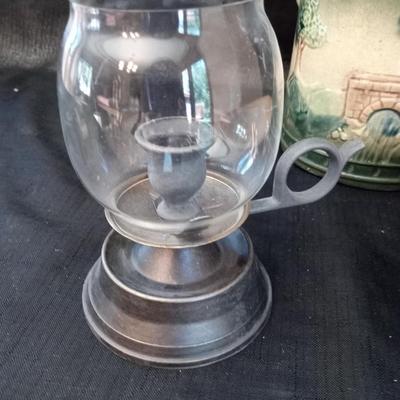 LOT 17  ANTIQUE CHILD'S BOWL, CREAMER AND A CANDLE LANTERN WITH HURRICANE
