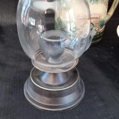 LOT 17  ANTIQUE CHILD'S BOWL, CREAMER AND A CANDLE LANTERN WITH HURRICANE