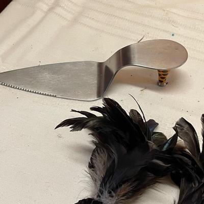 Fancy Dress Shoe Cake Server and Two Feathered Napkin Rings