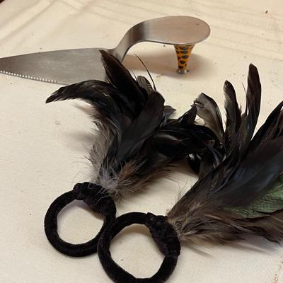 Fancy Dress Shoe Cake Server and Two Feathered Napkin Rings