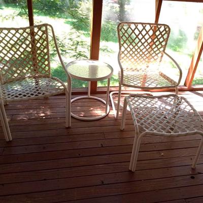 LOT 89  TWO WOVEN PATIO CHAIRS, OTTOMAN AND SIDE TABLE