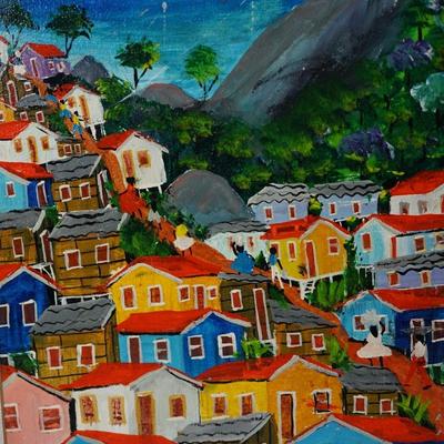 ROW OF HOUSES  ACRYLIC /OIL ON BOARD SIGNED BY SALVADOR ARTIST SINESIO BRANDAO