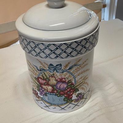 Vintage Treasure Craft Canister - Blue Lattice Basketweave Fruit