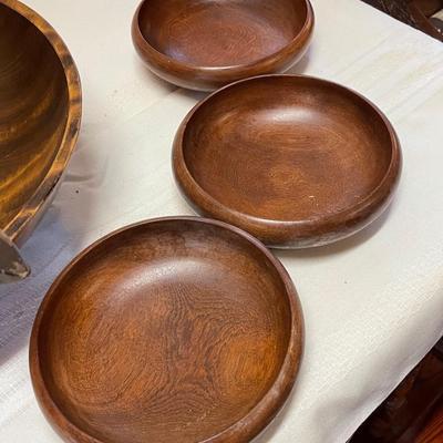 Vintage Walnut Turned Wood Bowl with Utensils and 3 Serving Bowls