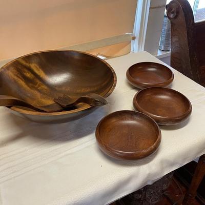 Vintage Walnut Turned Wood Bowl with Utensils and 3 Serving Bowls