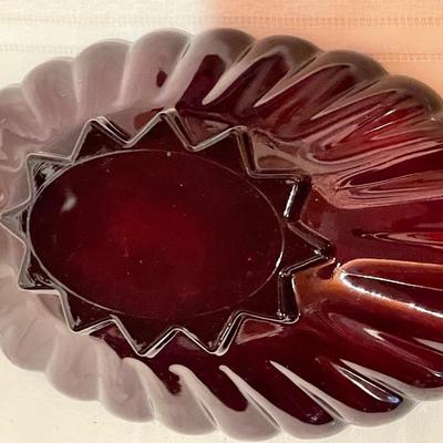 Vintage Anchor Hocking Ruby Red Oval Scalloped Bowl with Star Base
