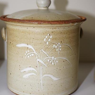 HAND CRAFTED CERAMIC POTTERY CANNISTER SET OF THREE. EMBOSSED WHEAT /APPLIED HANDLES