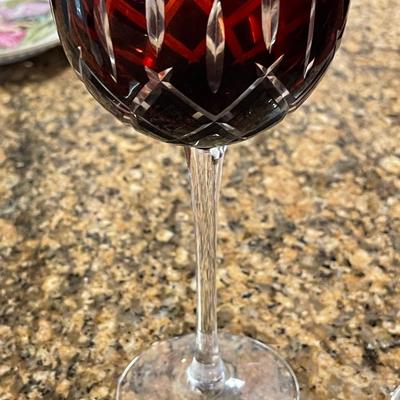 Two Ruby Red Cut to Clear Wine Glasses