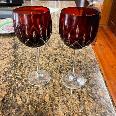 Two Ruby Red Cut to Clear Wine Glasses