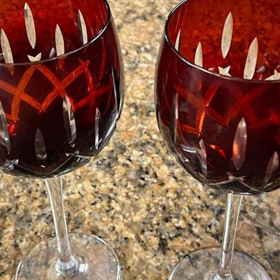 Two Ruby Red Cut to Clear Wine Glasses