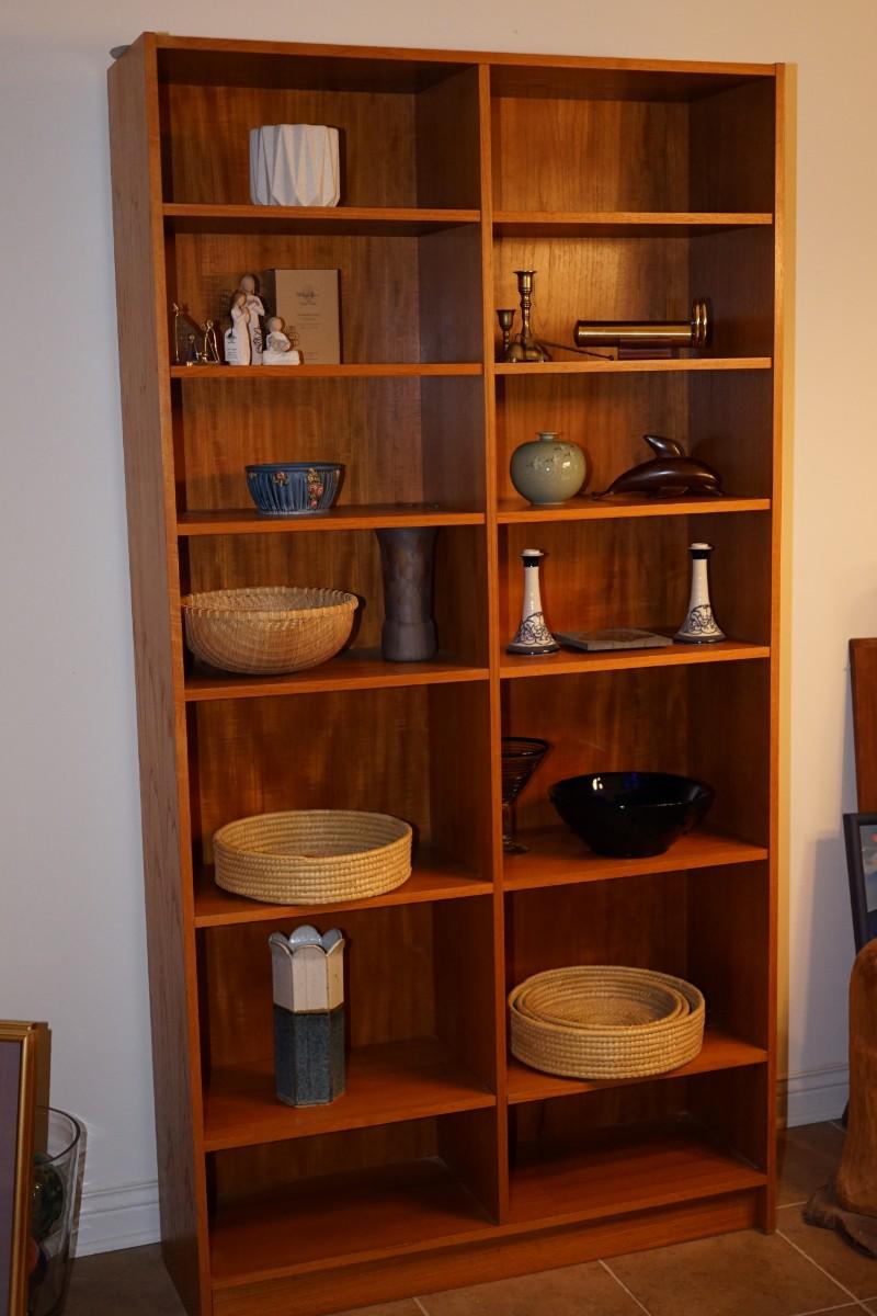 TEAK WALL SHELF UNIT OF TWELVE SHELVES