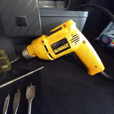 LOT 10  DEWALT ELECTRIC DRILL- ATTACHMENTS-METAL TOOLBOX