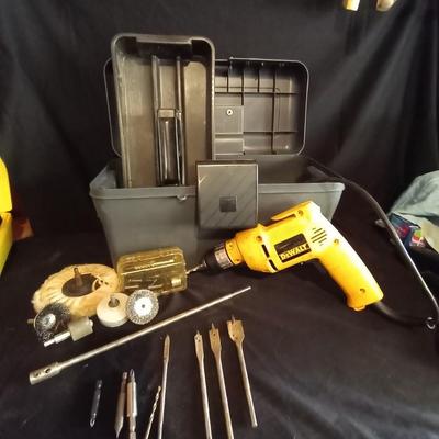 LOT 10  DEWALT ELECTRIC DRILL- ATTACHMENTS-METAL TOOLBOX