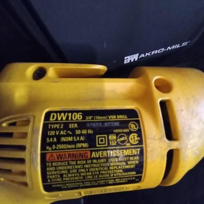 LOT 10  DEWALT ELECTRIC DRILL- ATTACHMENTS-METAL TOOLBOX