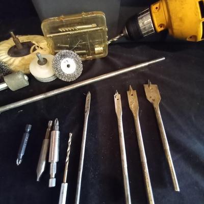 LOT 10  DEWALT ELECTRIC DRILL- ATTACHMENTS-METAL TOOLBOX