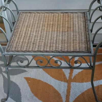 METAL PAINTED GREY GARDEN CHAIR/ BENCH WITH CURVED ARMS OF PATTERN WICKER SEAT