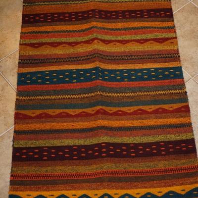 WOVEN WOOL RUG OR DECORATIVE BLANKET OF AUTUMN COLORS OF GOLD/BROWNS AND BLUES