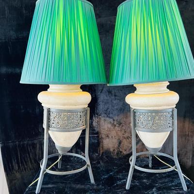 Stone and Metal Lamps with Green Shades. (LR-JM)