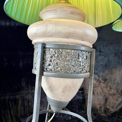 Stone and Metal Lamps with Green Shades. (LR-JM)
