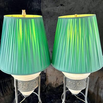 Stone and Metal Lamps with Green Shades. (LR-JM)