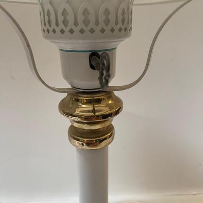 Vintage parlor hurricane lamp. Trimmed in gold and fine blue design. 18â€ high