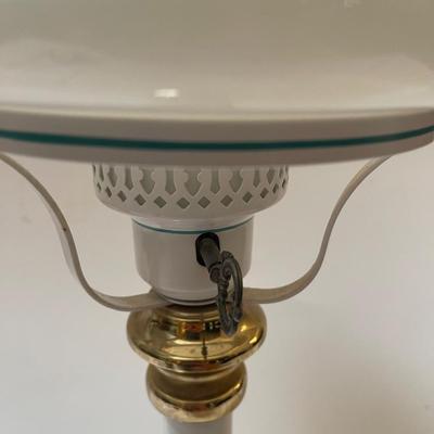 Vintage parlor hurricane lamp. Trimmed in gold and fine blue design. 18â€ high