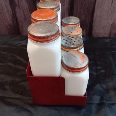 LOT 22  MILK GLASS SPICE CONTAINERS AND METAL DIVIDED BASKET