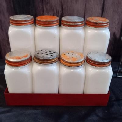LOT 22  MILK GLASS SPICE CONTAINERS AND METAL DIVIDED BASKET