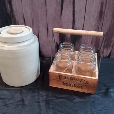LOT 24  VINTAGE CLAY CROCK WITH LID AND WOODEN SECTIONED BASKET