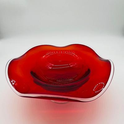 Red Blown Glass ~ Fluted Pedestal Bowl
