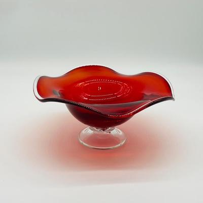 Red Blown Glass ~ Fluted Pedestal Bowl