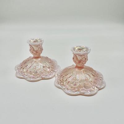 FENTON ~  Pair ~ Lily Of The Valley ~  Pink Opalescent Glass Candle Holders