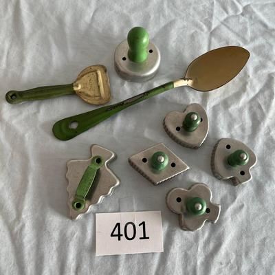 Jadeite colored cookie cutters.