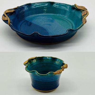 Navy Blue Glazed Pottery Divided Chip & Dip
