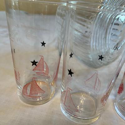 Depression era Disk Pitcher Sailing Ships w/ 6 glasses