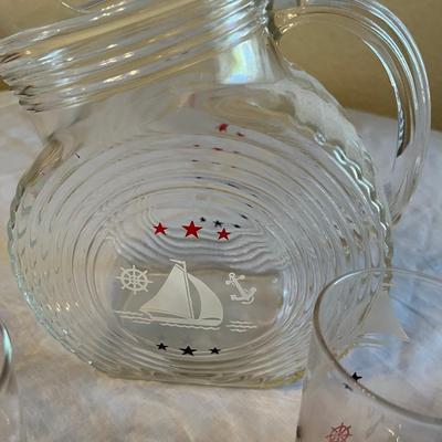 Depression era Disk Pitcher Sailing Ships w/ 6 glasses
