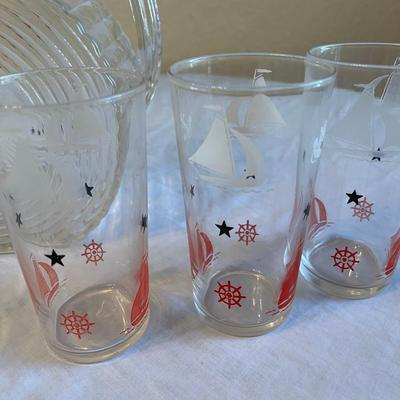 Depression era Disk Pitcher Sailing Ships w/ 6 glasses