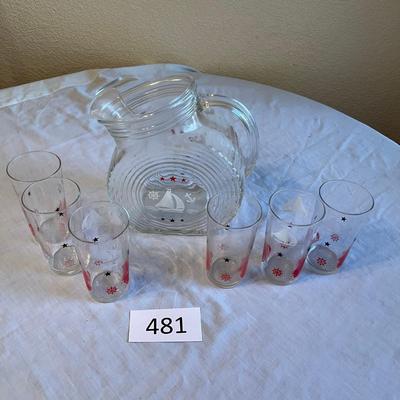 Depression era Disk Pitcher Sailing Ships w/ 6 glasses