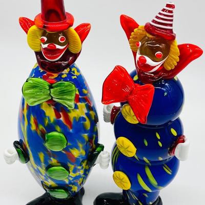 Italian Murano ~ Pair ~ Hand Blown Large Glass Clown Figurines