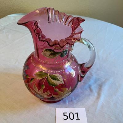 Victorian Cranberry Pitcher with Floral Enamel