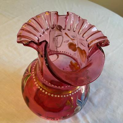 Victorian Cranberry Pitcher with Floral Enamel