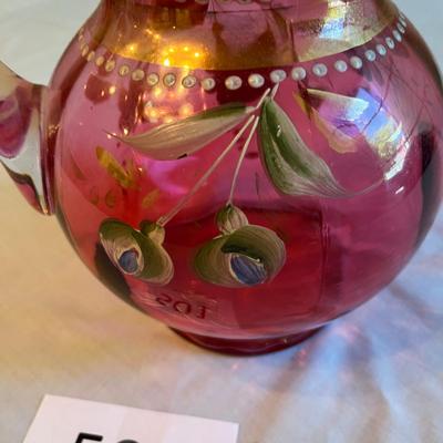 Victorian Cranberry Pitcher with Floral Enamel