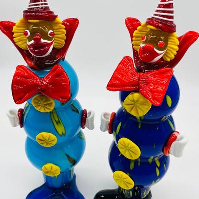 Italian Murano ~ Pair ~ Hand Blown Large Glass Clown Figurines
