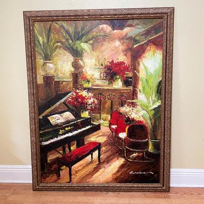 Original Framed Piano Bar Oil Canvas Painting