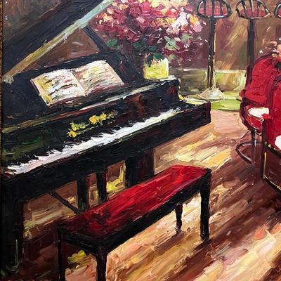 Original Framed Piano Bar Oil Canvas Painting