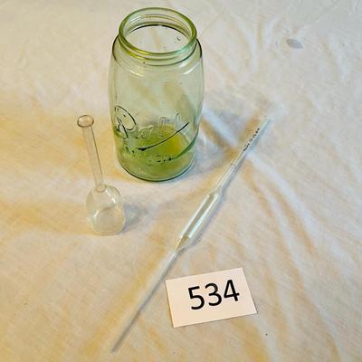 Antique Green fruit jar & 2 lab glass pieces