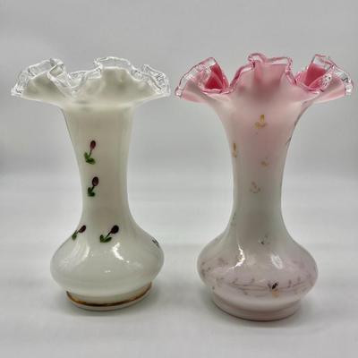FENTON ~ Pair (2) ~  Ruffled Silver Crest Hand Painted Vases